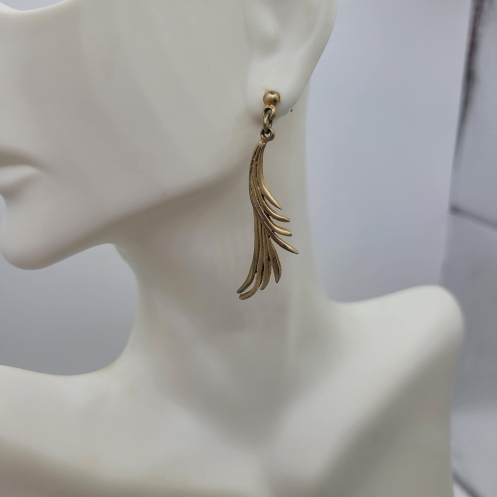 Gold Tone Feather Dangle Earrings